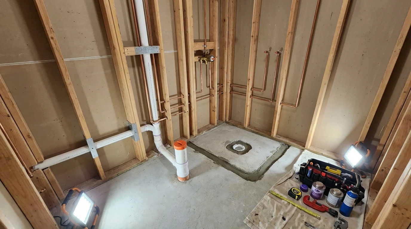 Bathroom rough-in plumbing during remodel by Johns Plumbing LLC in Rutherford