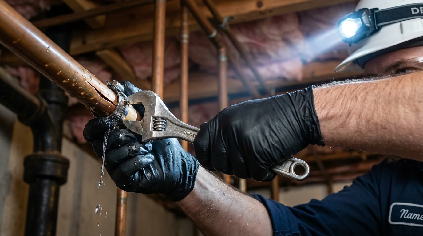Emergency pipe clamp repair being performed by a Johns Plumbing LLC plumber in Rutherford